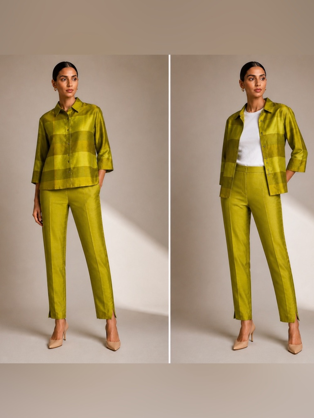 100% Silk Chartreuse Top Bottom Set Size 12 Quiet Luxury  Blouse Tapered Pants